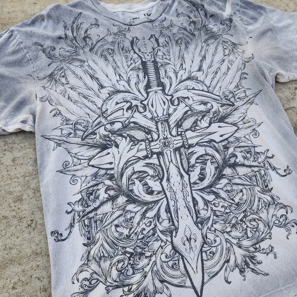 Y2K 2000s Helix Affliction Grunge Cross Skull Graphic Gray Tshirt,‎ Mens XL